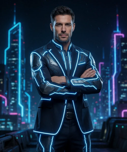 Model Marcus in futuristischem Anzug mit Neon-Blue-Besatz vor Cyberpunk-Stadt f&uuml;r VIP-Programm von Roby Casino