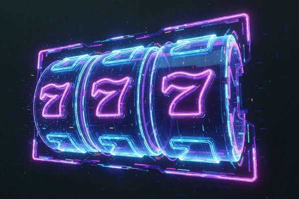 Abstrakte Neon-Slot-Maschine mit holografischen Walzen in der Roby Casino Spielebibliothek
