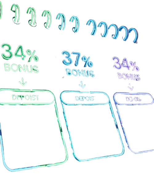 Abstraktes Neon-Kalender-Interface mit drei Einzahlungsstufen und Bonus-Prozentzahlen f&uuml;r Roby Casino