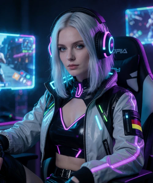 Model Lena mit Neon-Headphones im futuristischen Gaming-Setup der Roby Casino Spielebibliothek