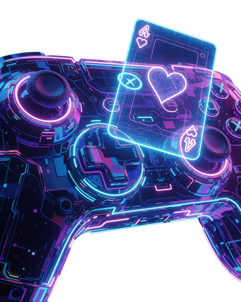 Abstrakte Neon-Spielsteuerung und holografische Spielkarten im futuristischen Roby Casino Interface
