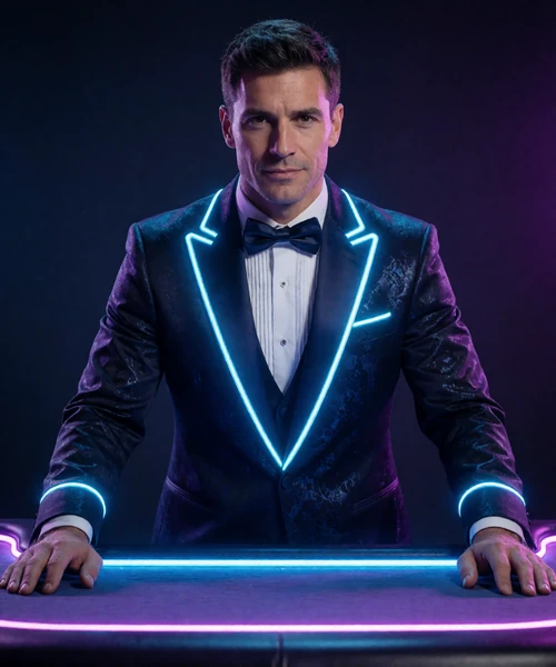 Live-Dealer im futuristischen Neon-Tuxedo am leuchtenden Casino-Tisch im Roby Casino Live Casino
