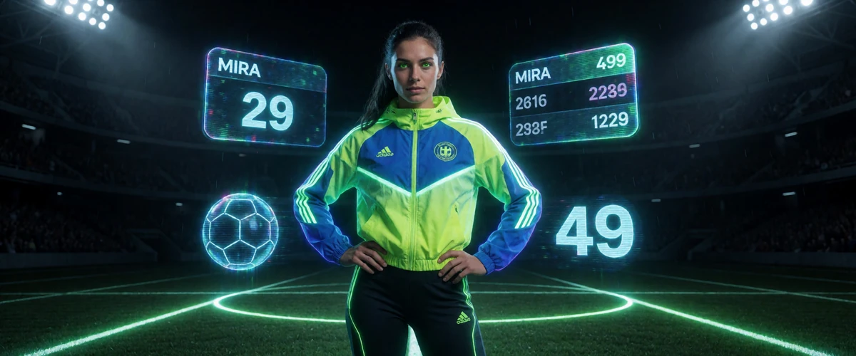 Model Mira im Neon-Sportjacke mit holografischen Sport-Statistiken im Roby Casino Live-Wetten Bereich