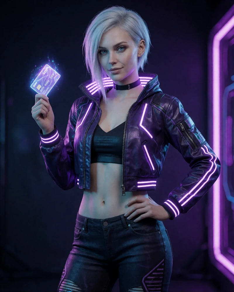 Model Lena in Cyberpunk-Streetwear mit Neon-Purple-Akzenten und leuchtender Kreditkarte im Bonus-Bereich von Roby Casino