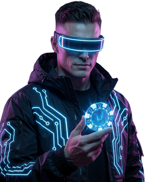 Model Kai mit Neon-Visor und leuchtendem Casino-Chip im Bonus-Bereich von Roby Casino