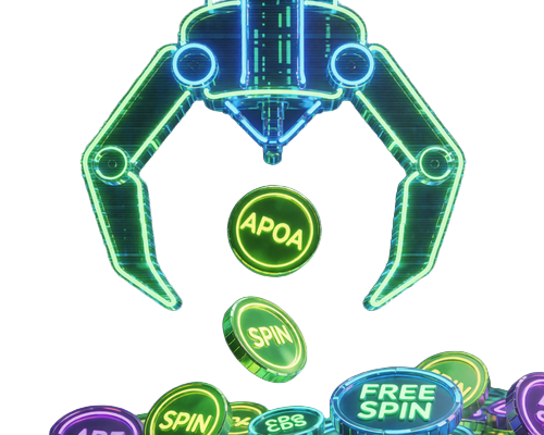 Abstrakte Neon-Greifautomaten-Schnittstelle mit leuchtenden Bonus-M&uuml;nzen f&uuml;r den Bonus Crab Shop von Roby Casino
